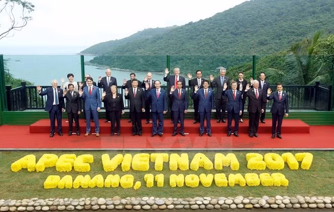President Tran Dai Quang (sixth from left) takes photo with leaders from other APEC member economies.