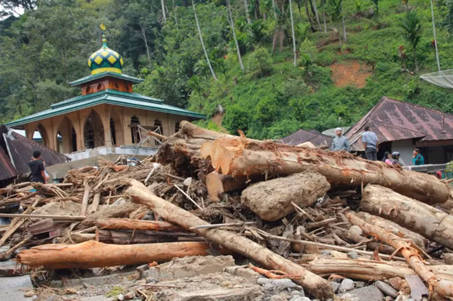 Villagers stand on top of tree trunks after floods hit at Muara Saladi village, in Mandailing Natal, North Sumatra province, Indonesia October 13, 2018. Antara Foto/Holik Mandailing via REUTERS