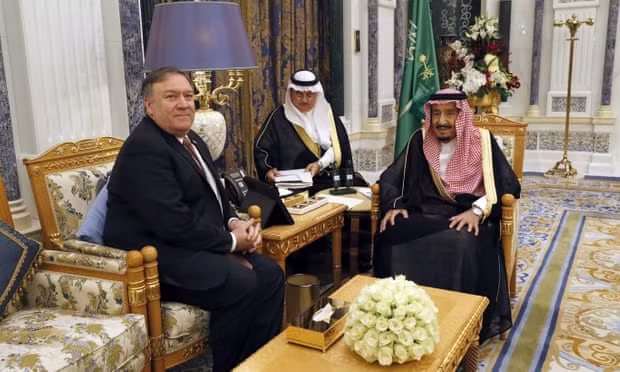 Mike Pompeo meets Saudi Arabia’s King Salman in Riyadh. Photograph: Leah Mills/A Mike Pompeo meets Saudi Arabia’s King Salman in Riyadh. Photograph: Leah Mills/A