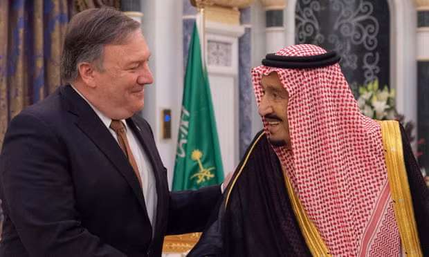Mike Pompeo thanked the king ‘for accepting my visit on behalf of President Trump’ before going into a closed-door meeting. Photograph: Bandar Algaloud Handout/EPA Mike Pompeo thanked the king ‘for accepting my visit on behalf of President Trump’ before going into a closed-door meeting. Photograph: Bandar Algaloud Handout/EPA