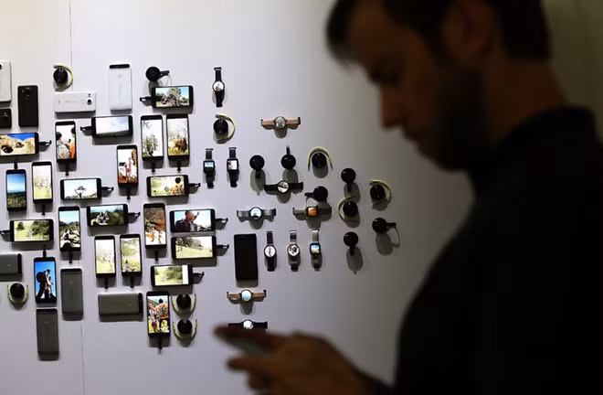 A display of Google devices. Google said it would ban purveyors of fake news on the web from using its online advertising service, AdSense. Photo: Justin Sullivan/Getty Images