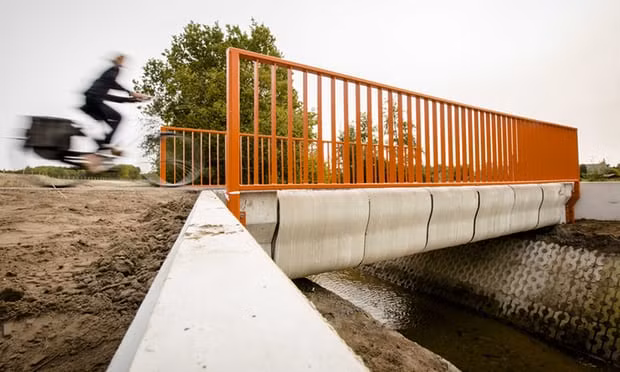 A cyclist crosses the 3D-printed concrete bike bridge in Gemert. Photograph: Bart Maat/EPA A cyclist crosses the 3D-printed concrete bike bridge in Gemert. Photograph: Bart Maat/EPA