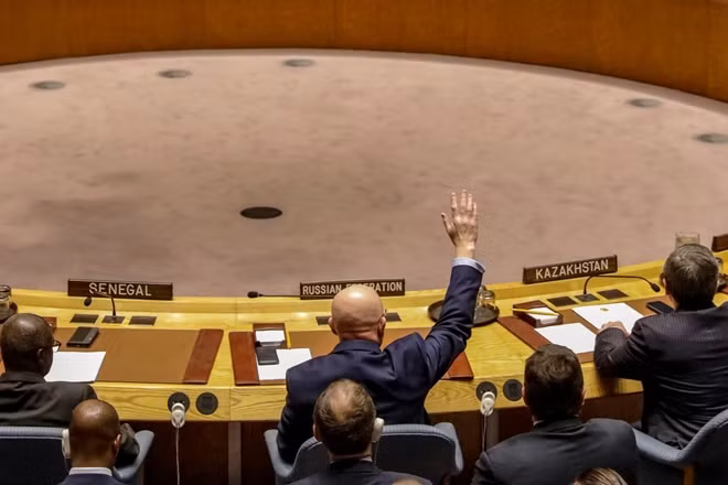 Russian Ambassador to the United Nations Vasily Nebenzya votes against a bid to renew an international inquiry into chemical weapons attacks in Syria, during a meeting of the U.N. Security Council at the United Nations headquarters in New York, U.S., November 17, 2017. REUTERS