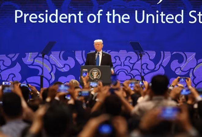 President Donald Trump delivering his remarks at the APEC CEO Summit