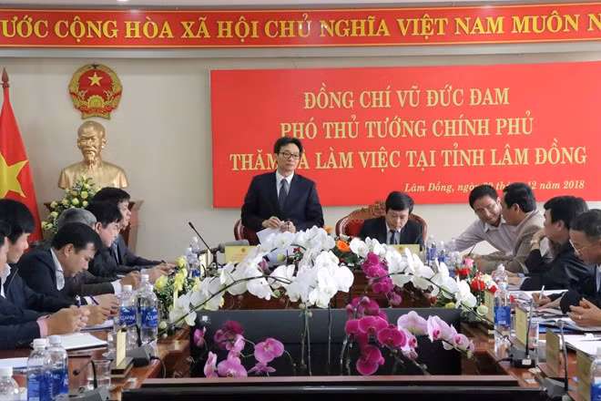 Deputy Prime Minister Vu Duc Dam (standing) speaks at the working session with Lam Dong officials on December 20 (Photo: VNA)