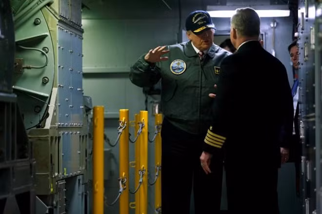 President Trump tours the pre-commissioned U.S. Navy aircraft carrier Gerald R. Ford at Huntington Ingalls Newport News Shipbuilding facilities in Newport News, Virginia. REUTERS/Jonathan Ernst