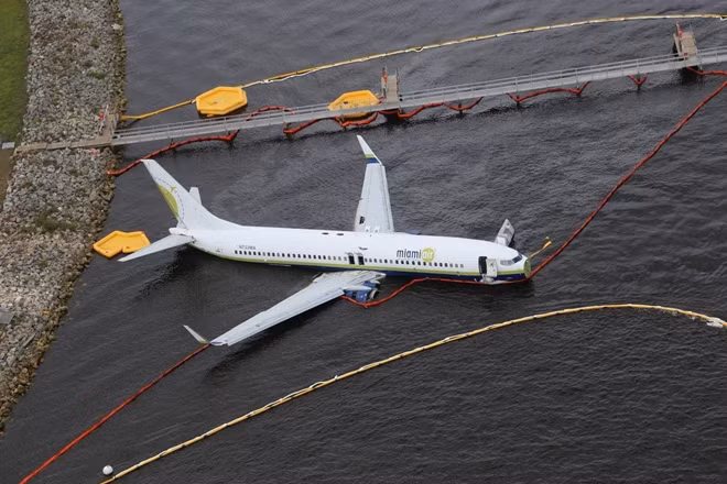Aerial view of the Miami Air International Boeing 737-800 that overran the runway at NAS Jacksonville and came to rest in the St Johns River in Jacksonville, Florida, U.S., May 4, 2019. NTSB/Handout via REUTERS.