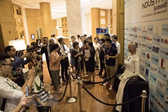 Sophia (R), the world's first robot declared a citizen, at the Industry 4.0 Summit and Exhibition 2018 held in Hanoi last month (Photo: VNA)