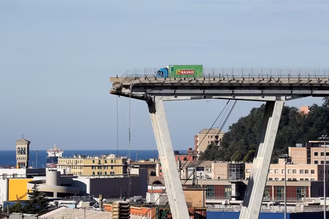 The collapsed Morandi Bridge is seen in the Italian port city of Genoa, Italy August 15, 2018. REUTERS/Stefano Rellandini