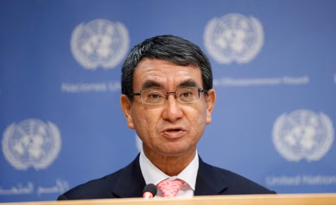 Japan's Foreign Minister Taro Kono speaks during a news conference at U.N. headquarters in New York City, New York, U.S., December 15, 2017. Reuters