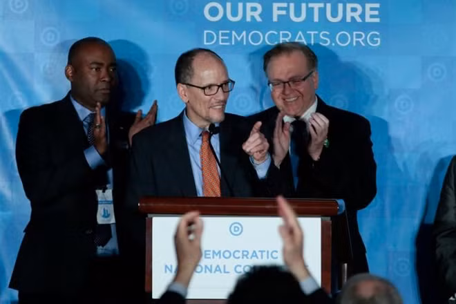 Tom Perez addresses the audience after being elected Democratic National Chair during the Democratic National Committee winter meeting in Atlanta, Georgia. February 25, 2017. REUTERS/Chris Berry