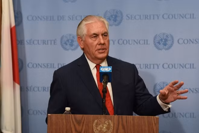 U.S. Secretary of State Rex Tillerson delivers remarks to members of the press after a meeting about North Korea's nuclear program at the United Nations headquarters in New York City, U.S. December 15, 2017. REUTERS/Stephanie Keith
