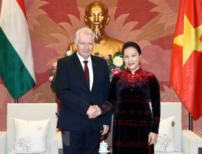 National Assembly Chairwoman Nguyen Thi Kim Ngan (R) welcomes Deputy Speaker of the Hungarian NA Jakab Istvan in Hanoi on January 17 (Photo: VNA)