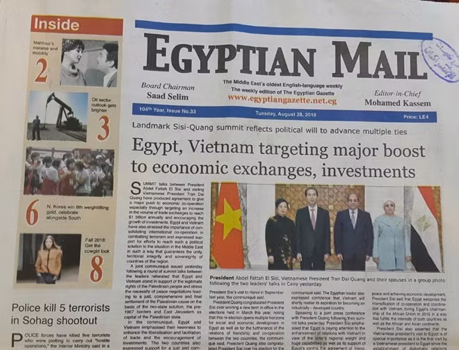 The Egyptian Mail posts an article about the visit on its front page (Photo: VNA)
