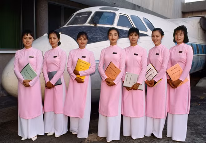 She took this photo in 1994. "VIETNAM AIRLINES, NEW STEWARDESS SCHOOL, 1994 – Anticipating an influx in tourism and business travel, Vietnam Airlines opens up new routes and a school for flight attendants".