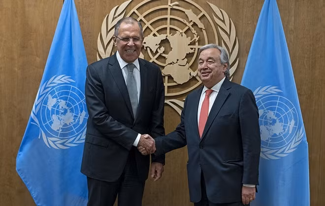 Russian Foreign Minister Sergey Lavrov and United Nations Secretary General Antonio Guterres© AP Photo/Craig Ruttle.