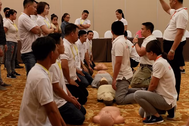 Trainees practicing first aid during the training course. Trainees practicing first aid during the training course.
