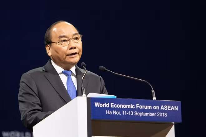 PM Nguyen Xuan Phuc delivering the opening speech at WEF ASEAN. Photo: WEF