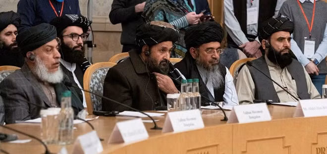 Mullah Abdul Ghani Baradar, the Taliban's deputy leader and negotiator, and other delegation members attend the Afghan peace conference in Moscow, Russia March 18, 2021. Alexander Zemlianichenko/Pool via REUTERS/File Photo