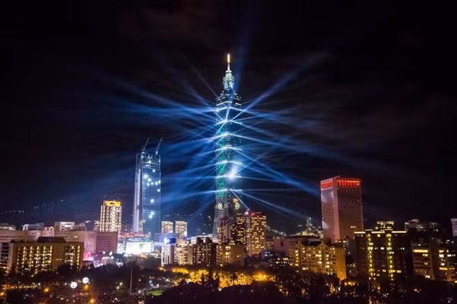 Taipei 101 is lit up during New Years Eve celebration just after midnight