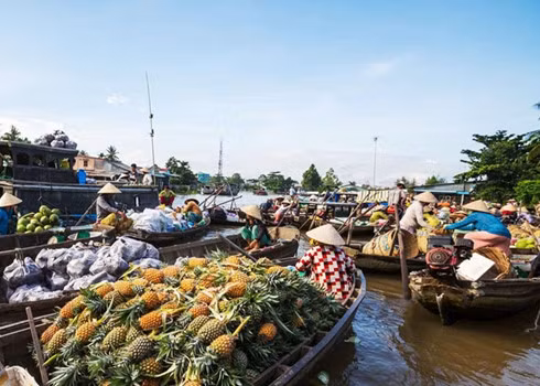 A floating market in Mekong Delta. (Source: indochinatravelpackages.com)