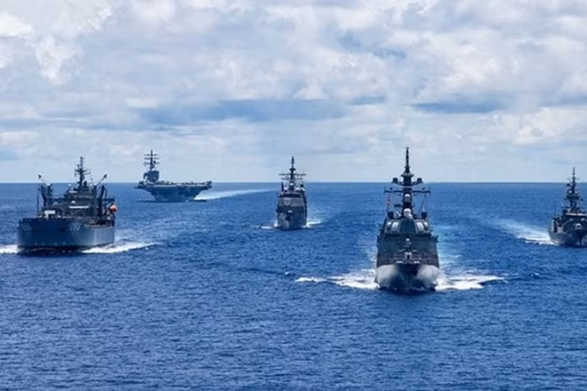 Warships of Australia, the US, and Japan conduct a drill in the Philippine Sea, near the East Sea in July, 2020. (Photo: US Navy)