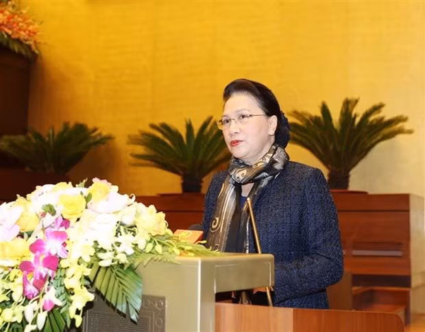 NA Chairwoman Nguyen Thi Kim Ngan speaks at the teleconference (Photo: VNA)