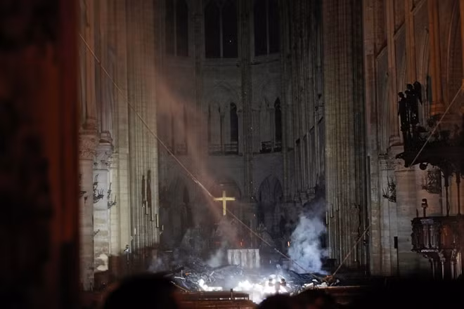 The interior of Notre Dame after the fire.CreditPool photo by Philippe Wojazer