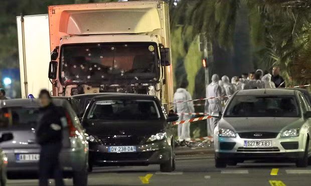The bullet-riddled lorry which Mohamed Lahouaiej-Bouhlel drove into a crowd in Nice on 14 July. Photograph: AP