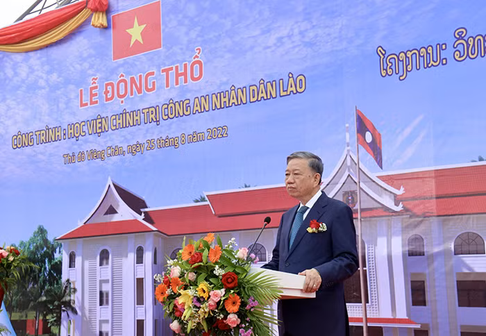 Minister To Lam attends ground-breaking ceremony for Lao Public Security Political Academy -0