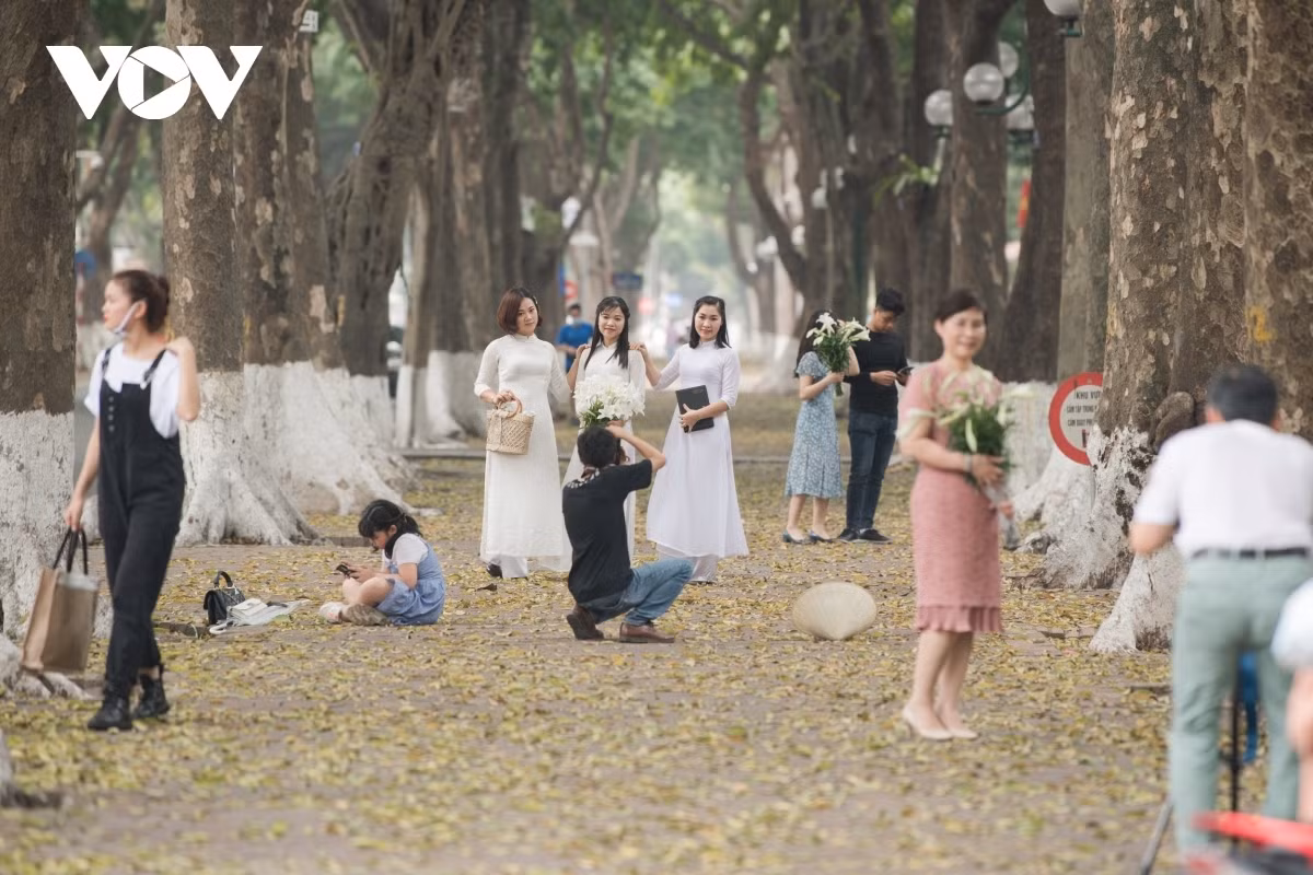 Hanoians carrying lilies flowers pause to pose for photos on Phan Dinh Phung street.