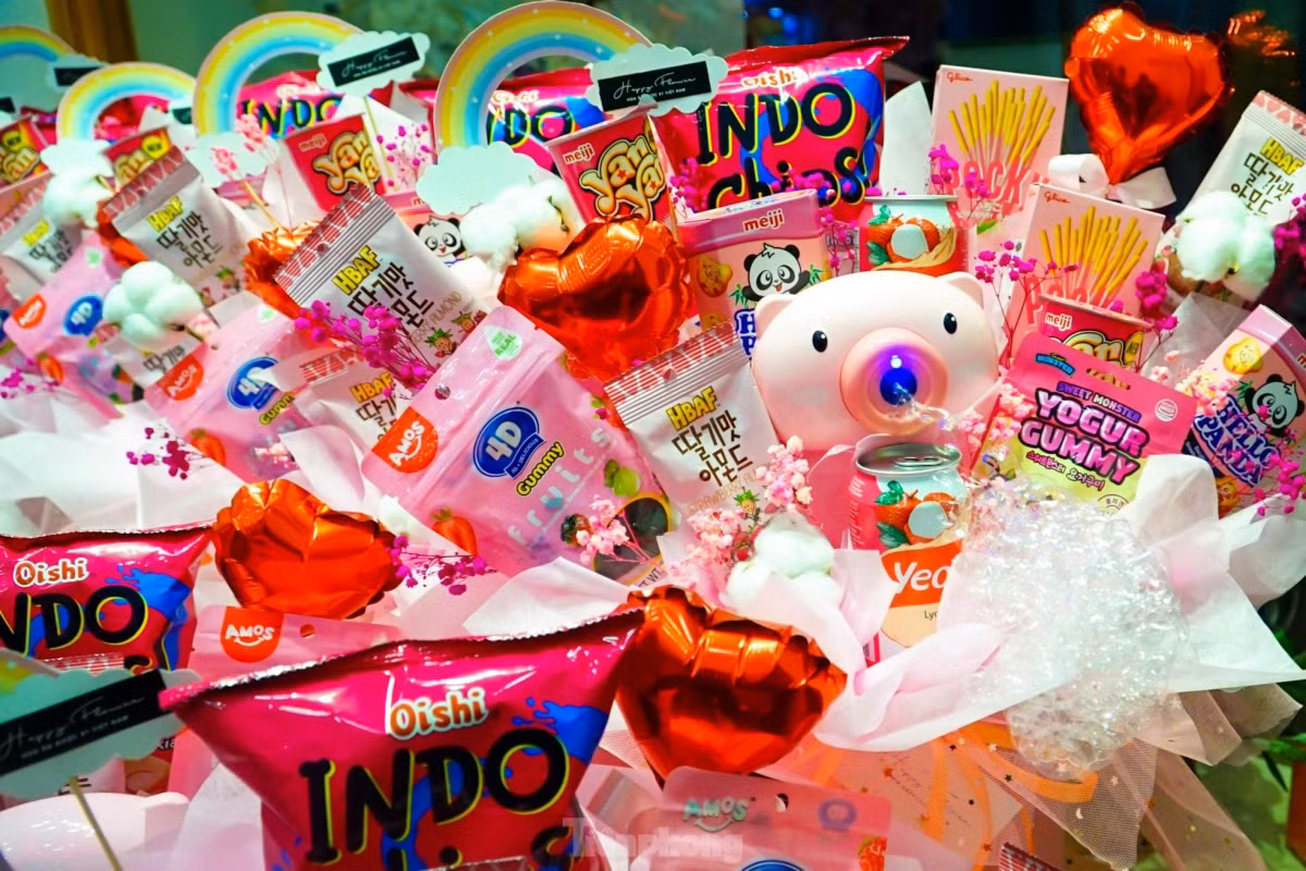 Bouquets of imported flowers with cookies attached are also favourites with customers this year.