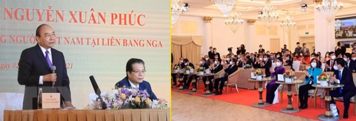 President Phuc meets with officials of the Vietnamese Embassy and representatives of the Vietnamese community in Russia.