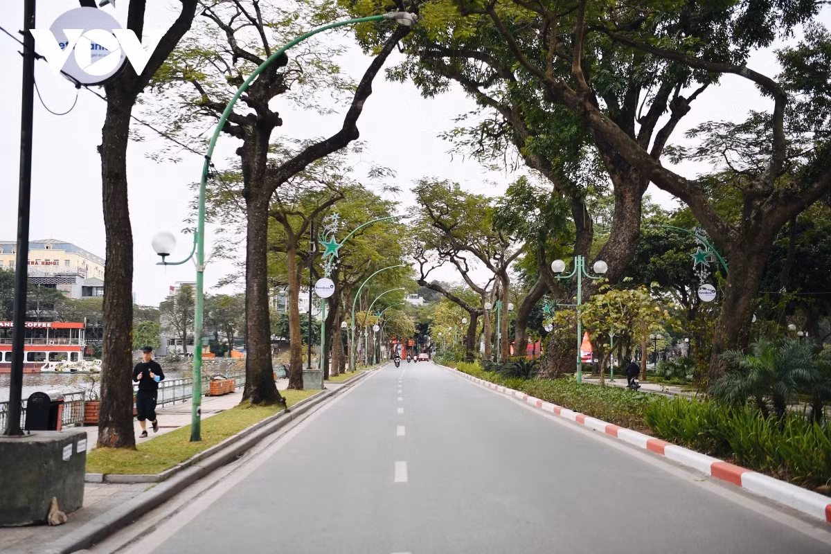 Peaceful and tranquil Hanoi on first day of Lunar New Year ảnh 3 Thanh Nien street, normally a busy road, falls quiet.