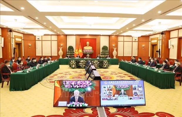 Party chief attends CPC and World Political Parties Summit ảnh 2 General Secretary of the Communist Party of Vietnam (CPV) Central Committee Nguyen Phu Trong led a high-ranking delegation of the CPV to attend the virtual summit of the Communist Party of China (CPC) and world political parties on July 6. (Photo: VNA)