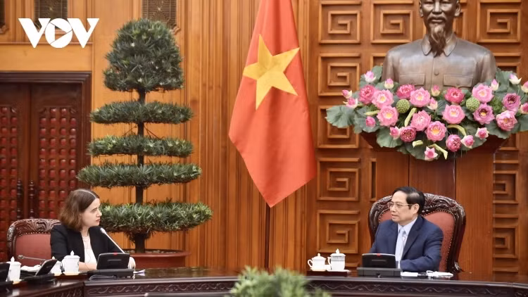 Prime Minister Pham Minh Chinh (R) hosts Australian Ambassador to Vietnam Robyn Mudie&nbsp;