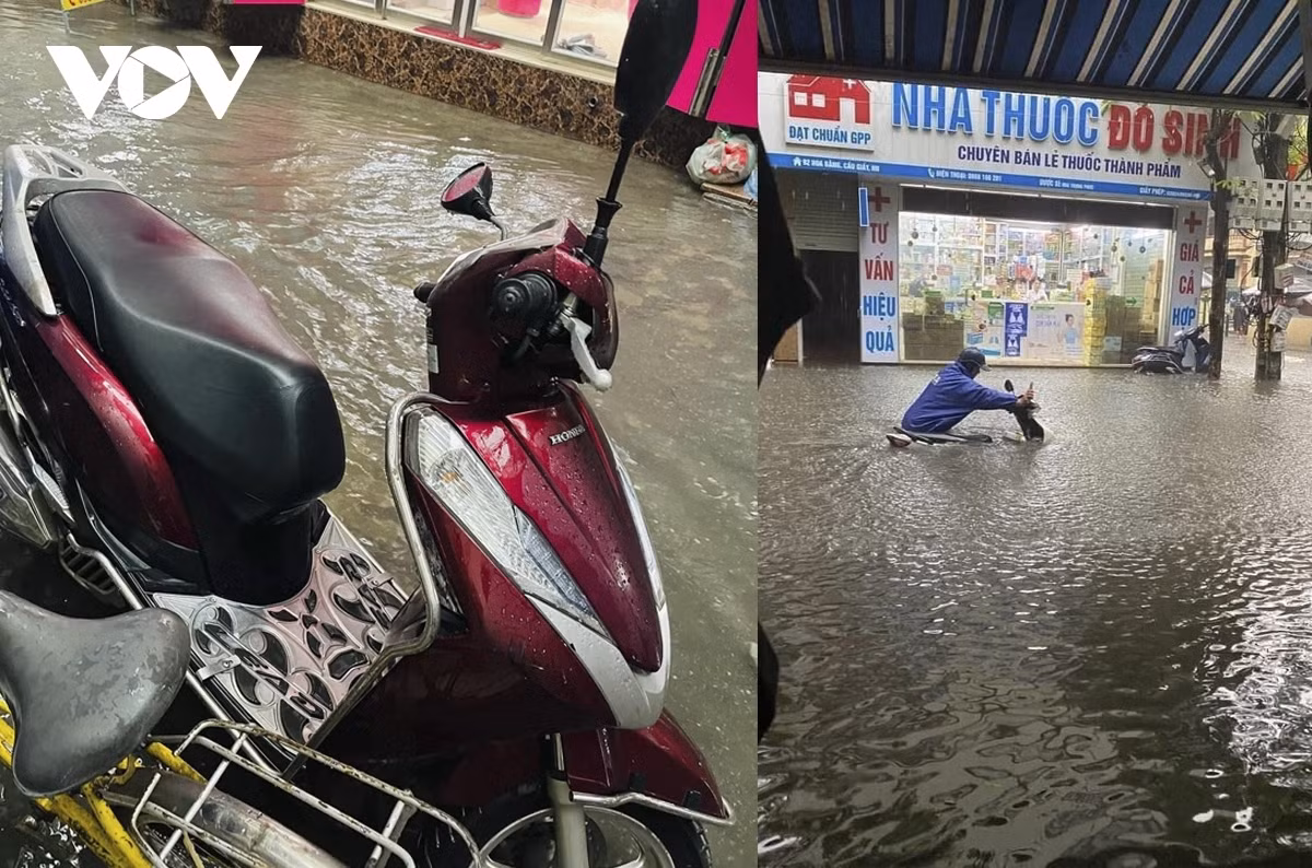 On Hoa Bang street of Cau Giay district, the water was nearly 80cm deep.