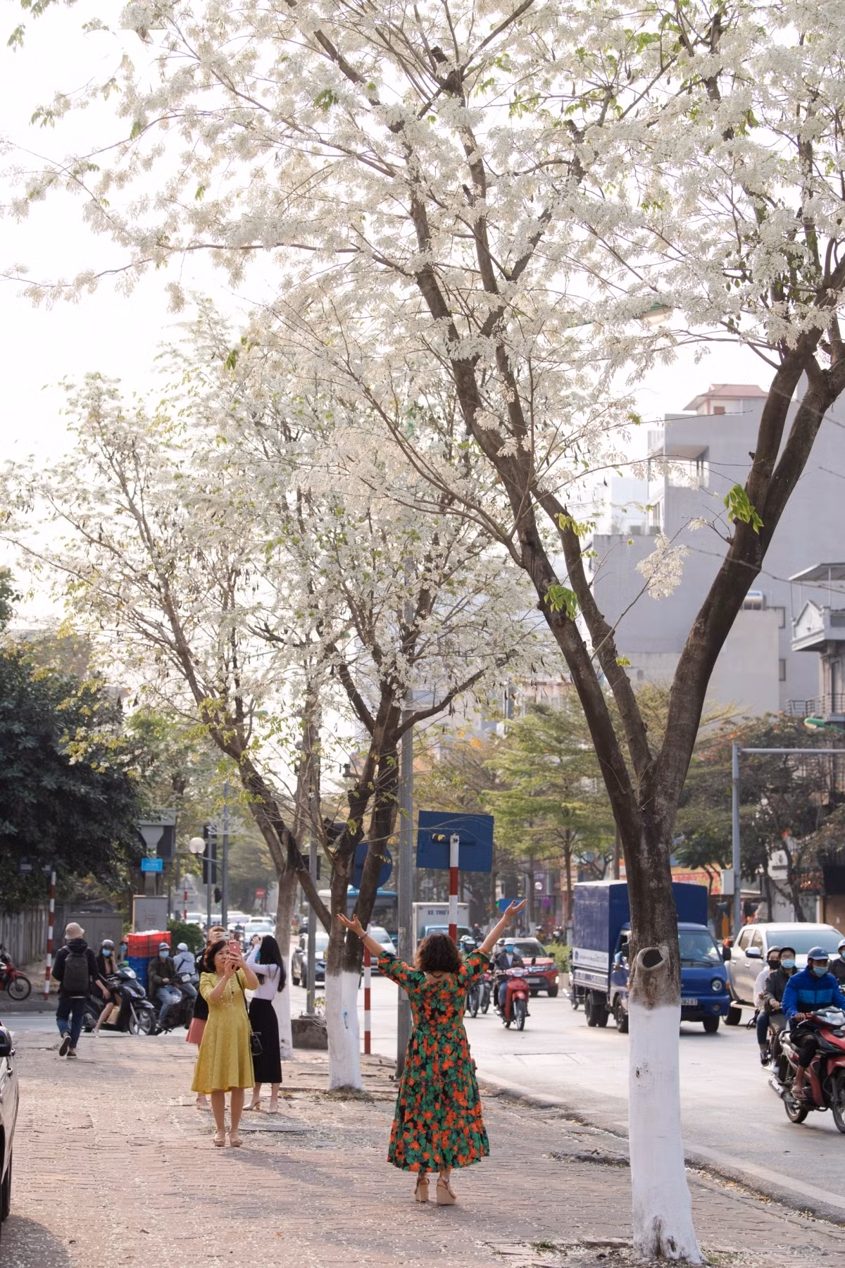 A group of locals snap lovely photos besides Hoa Sua on Kim Ma street.