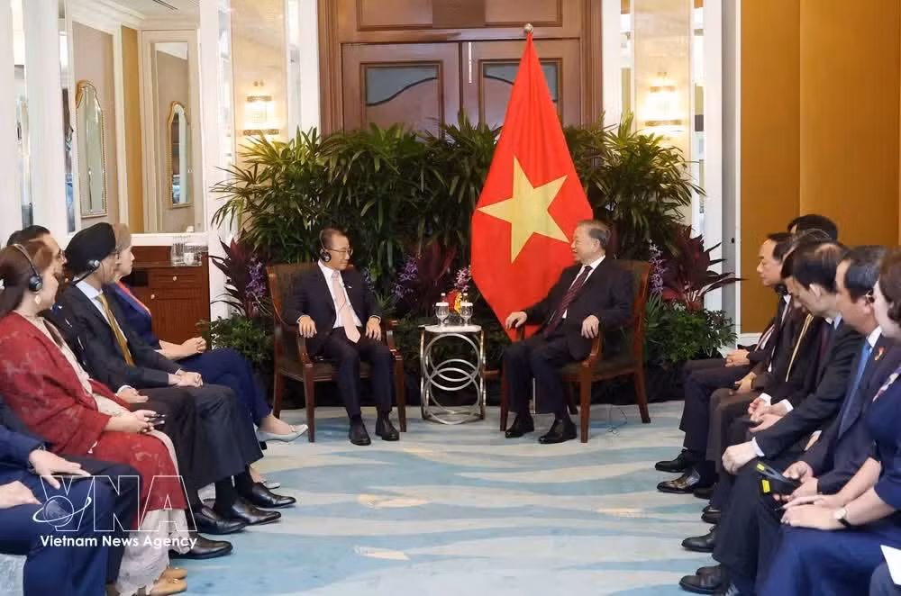 At the meeting between Party General Secretary and State President To Lam and Speaker of the Parliament of Singapore Seah Kian Peng. (Photo: VNA)