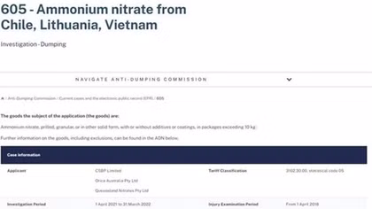 Australia decides not to impose anti-dumping duties on ammonium nitrate from Vietnam