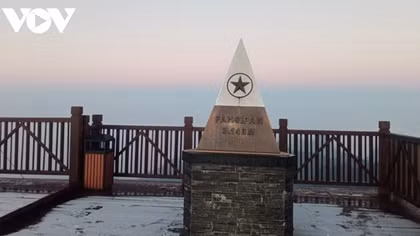 Hoarfrost on the top of Fansipan Mt. peak ahead of winter arrival
